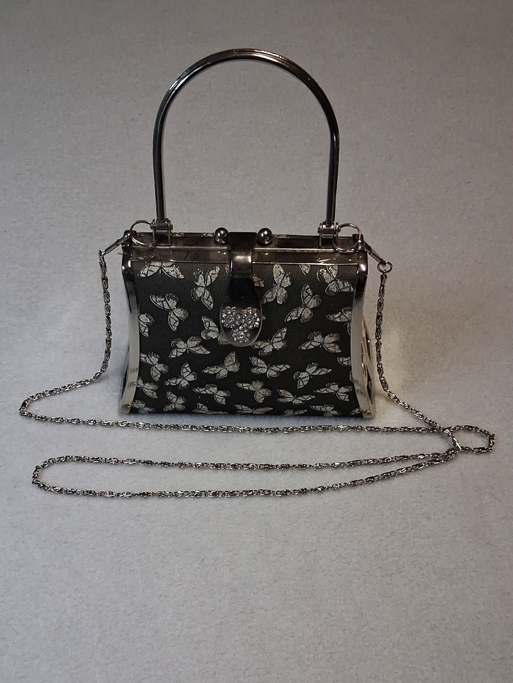 Vintage Black Butterfly Accent Evening Bag with Silver Hardware